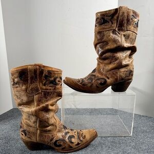 Buckle Corral Slouch Cowboy Boots Sand Brown w/ Black Inlay #1138 Womens 10M